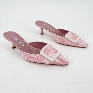 Manolo Blahnik Pink White Grosgrain Geometric Maysalebi Pointed Toe Mules IT 39